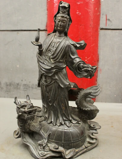 

005617 16" Folk Chinese Pure Bronze Kwan-Yin GuanYin Pot Buddha On Dragon globe Statue