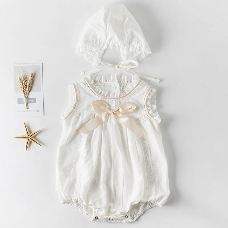 

Summer Cute Baby Girl Ruffle Solid Color Romper+Hat Baby's Bow-Tied Romper Baby Cotton Sleeveless Jumpsuit Children Clothes