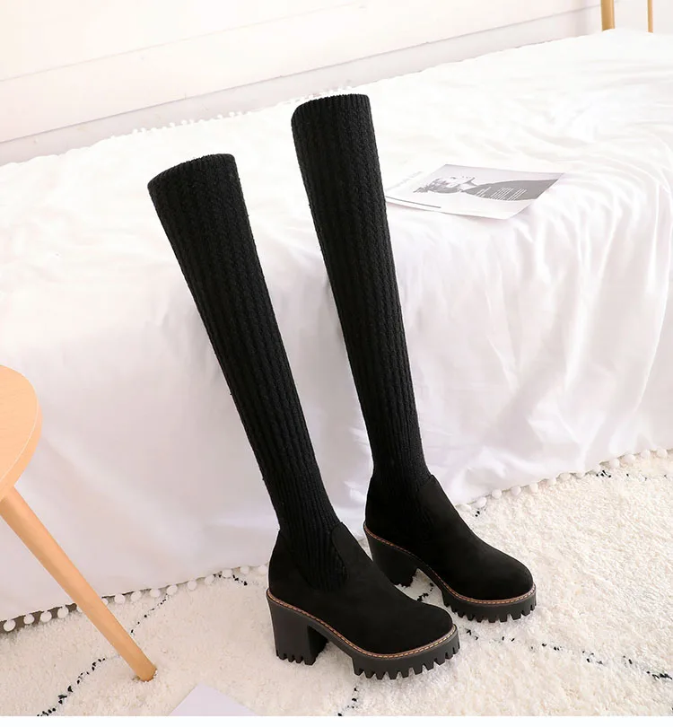Phoentin/женские ботфорты; г.; эластичные тканевые сапоги на платформе; противоскользящие туфли на высоком каблуке с круглым носком; большие размеры; FT699