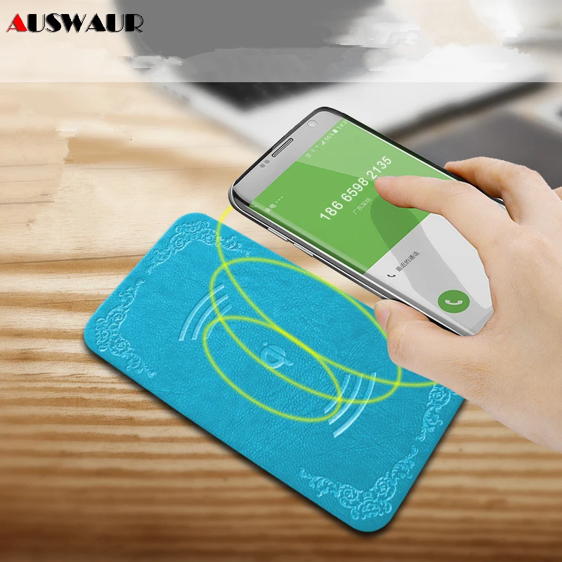 5 W Универсальное Ультра тонкое Беспроводное зарядное устройство из искусственной кожи для iPhone samsung huawei Xiaomi LG QI Беспроводное зарядное устройство