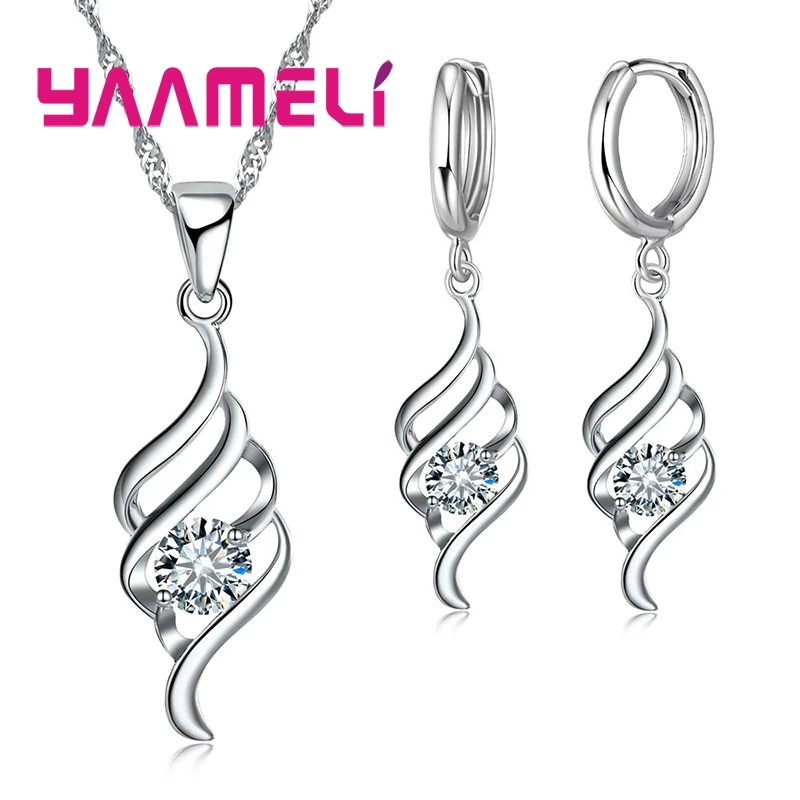 925 Sterling Silver Jewelry Sets For Women Charms Pendant Necklace Hoop Earring Fashion Classic Collares Wedding Gift