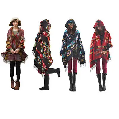 

Top New Women Cape Poncho Shawl Scarf Tribal Fringe Hooded Bohemian Coat Jacket