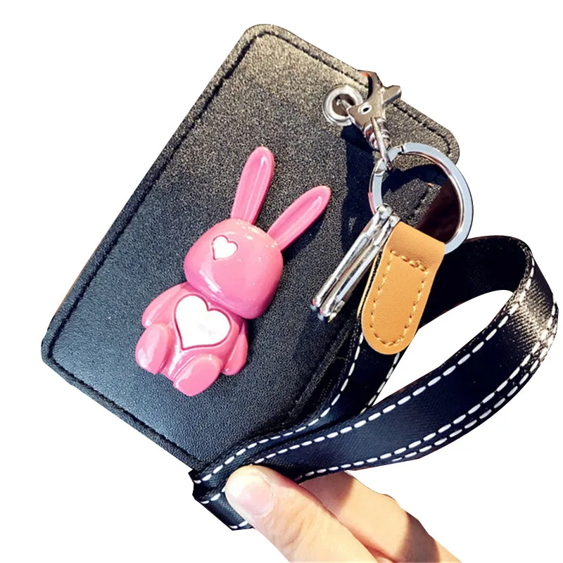 

HNXZXB Name Credit Card Holders Women Men PU Bank Card Neck Strap Card Bus ID holders rabbit Identity black badge with lanyard