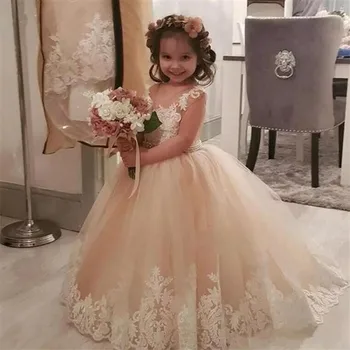 

Flower Girls Dresses Champagne Ball Gown White Lace Appliqued Beaded Sash Girls Communion Pageant Gown