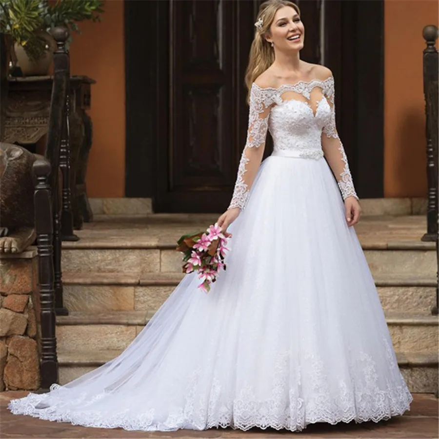 

Sexy Off the Shoulder Wedding Dresses Tulle Appliques Long Sleeve Custom Made Puffy Bridal Gown Plus Size White Bride Dress