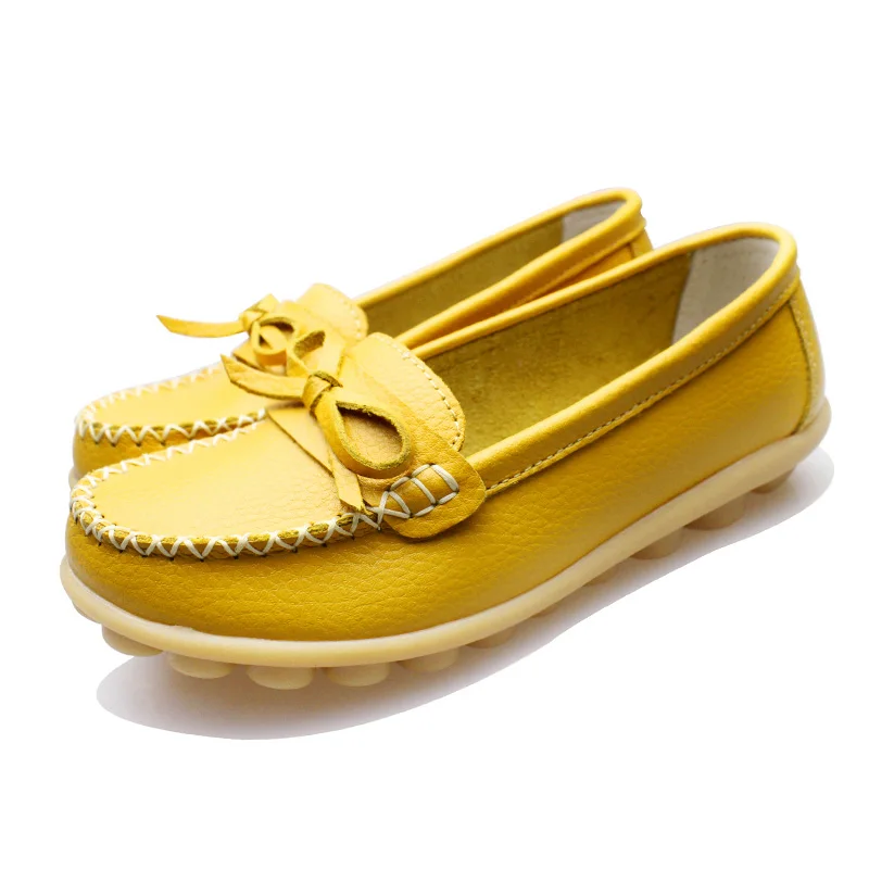 Plardin/Женская обувь на плоской подошве; женские лоферы; большие размеры 35-42; женская модная повседневная обувь из натуральной кожи с бантом-бабочкой для мам - Цвет: Цвет: желтый