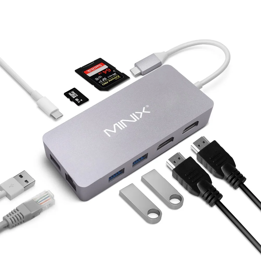 MINIX USB-C Hub adaptador multipuerto con salida Dual HDMI Adaptador 4 K 3 USB 3,0 Gigabit Ethernet USB-C carga para apple MacBook - 4