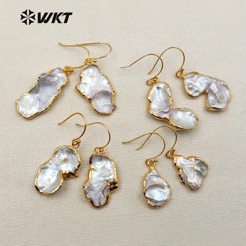 

WT-E396 WKT Wholesale New Coming Natural Freshwater Pearl Jewelry Irregular Shape Elegant Gold Color Drop Earrings