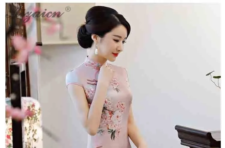 2019 Новый печати Cheongsam подражать натурального шелка Розовый Длинные платья Ци Пао для женщин китайское платье Qipao Oriental винтажное платье