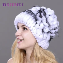 

RUIHU Women Rex Rabbit + Fox Fur Hat Female Genuine Winter Women Fur Caps Lady Headgear Beanies For Russia Ukraine RHM710