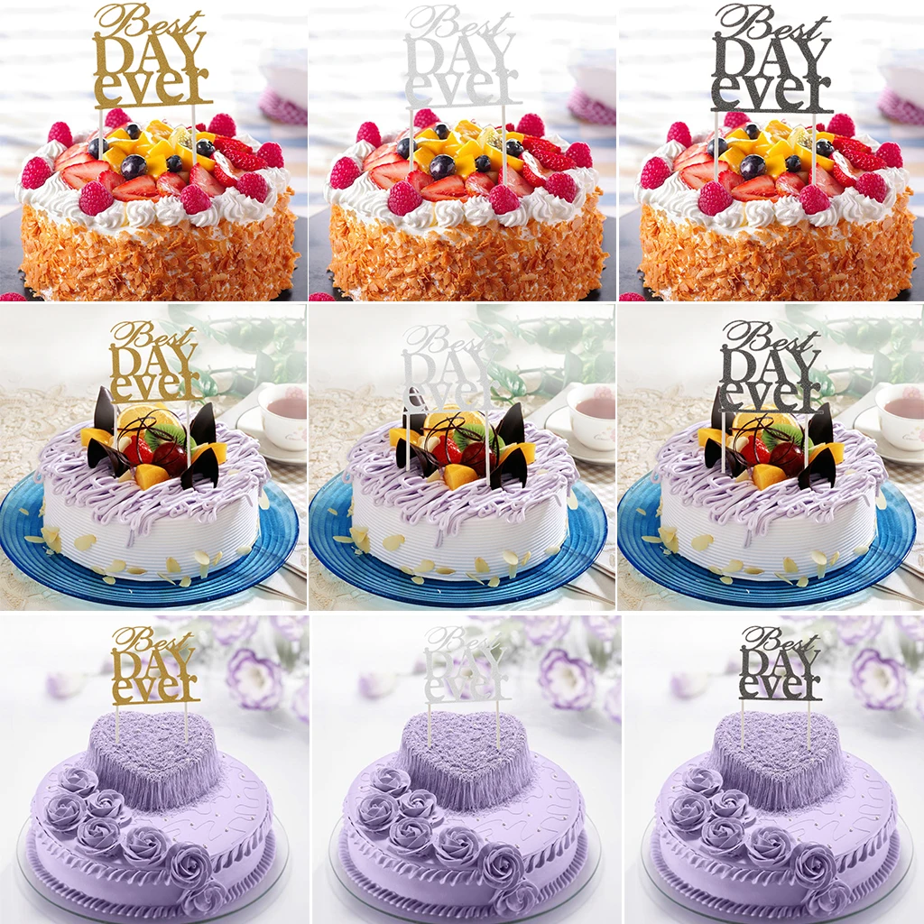 Glitter Paper Best Day Ever Cake Topper on Sticks Dessert Bakery Shop Home Party Cake Decor Photography Prop Wedding Party Decor