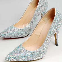 2015 10cm Heel Wedding Dress Shoes Pointed Toe Rhinestone Bridal Dress Shoes Glitter Silver Lady Nightclub Shoes Spring Pumps