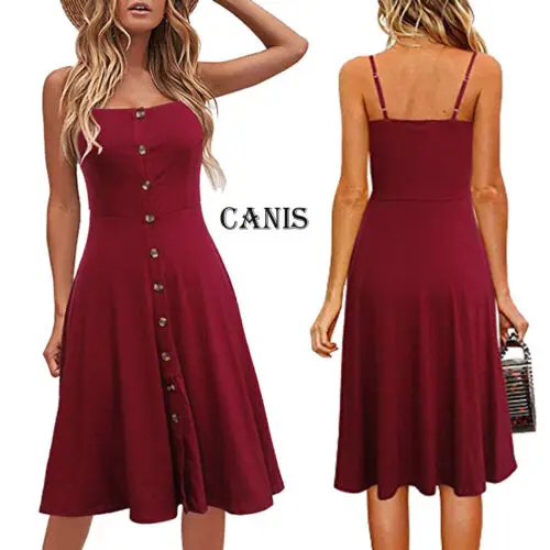 

Women Boho Button Midi Dress Evening Party Beach Dresses Summer Sundress Sleeveless Solid Spaghetti Strap Dress