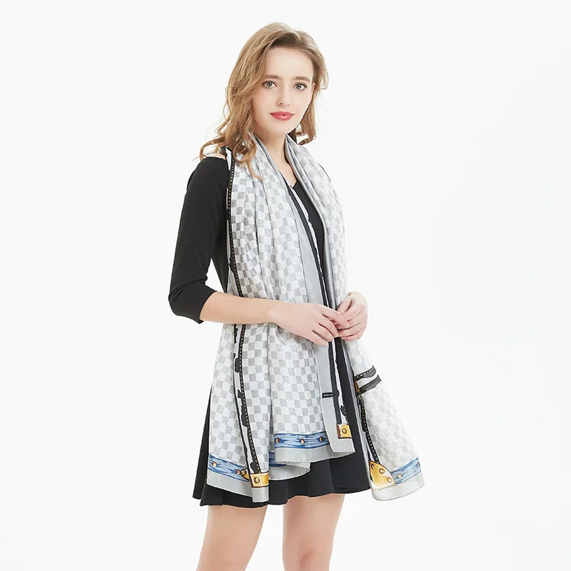 

2019 Luxury Brand Silk Scarf Women Fashion Quality Soft Scarves Checkerboard Plaid Printing Female Shawls&Wraps Bandana 180*90cm