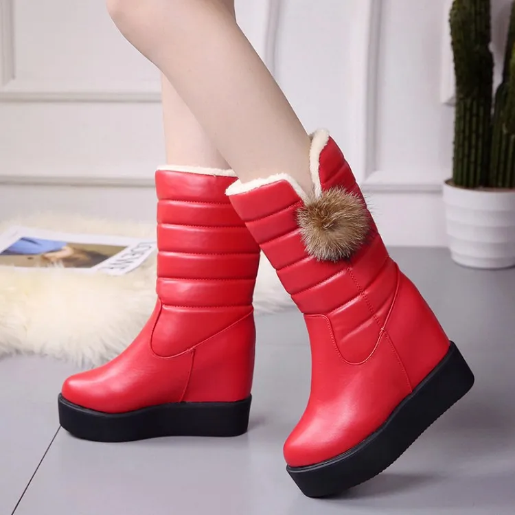 Boots Ball Leather Boots Platform Mid Calf Snow Boots Winter Female Shoes Plus Size 35-40 Botas Mujer  zapatos de mujer