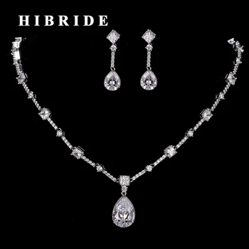 

HIBRIDE High Quality Korean Style Women Bridal Jewelry Set AAA Cubic Zircon White Gold Color Necklace Earring Sets N-183