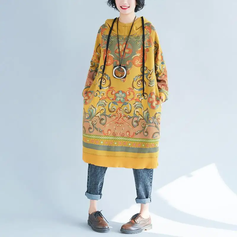 Корейское повседневное осеннее винтажное платье Новое свободное Цветочное платье с длинным рукавом и капюшоном размера плюс 2 цвета женские платья - Цвет: Цвет: желтый