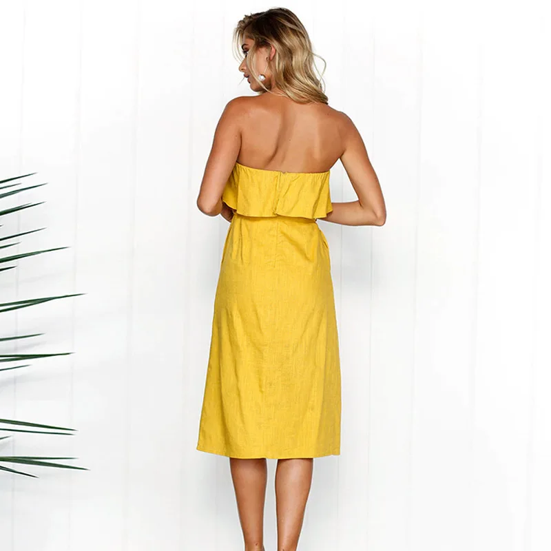 Qunndy Boho Style Off Shoulder Off Ruffles Dresses Women Beach Summer Sashes Button Dress Vestido Bandage Female Party Dress (19)