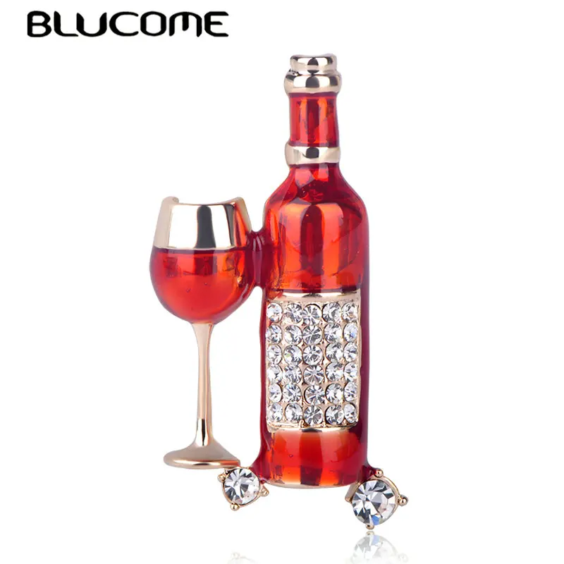 

Blucome Red Wine Cup Wine Bottle Shape Brooch Full Crystal Cloisonne Enamel Brooches For Women Men Hats Suit Accessories Jewelry