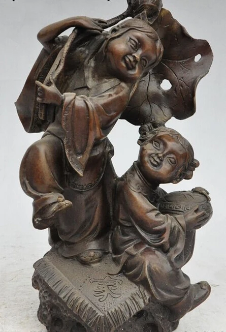 

006440 11" old China myth Bronze Two Wo Hop Erxian God immortal Lotus Leaf lucky Statue