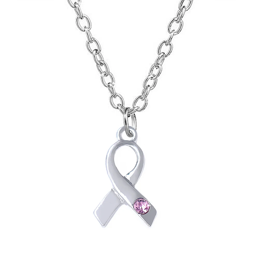 Pink rhinestone crystal metal ribbon pendant necklace concerned about