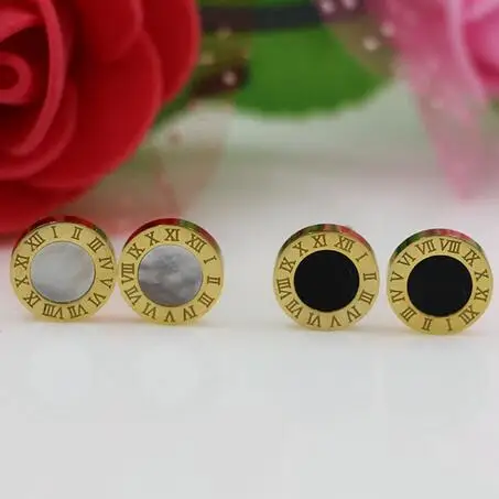 

Gold color stainless steel stud earrings for men and women orecchini, roman numbers round black earings men pendientes jewellery