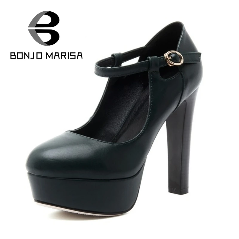 

BONJOMARISA Big Size 32-42 Mary Janes Buckle High Heel Woman Pumps Elegant Platform Shoes Women Black Green OL Cutouts Pumps