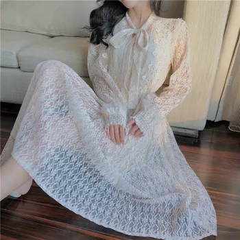 

Long Summer Fashion Sexy Robe Women Dress Hippie Boho Maxi Dress Beach Loose Lace White Black 2019 BOW Casual Dress Style Brand