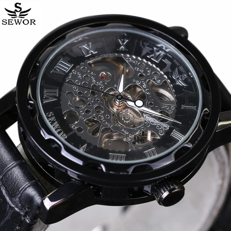 

SEWOR Mechanical Watch Men's Vintage Skeleton Watches Leather Relogio Masculino Luxury Fashion Roman numerals Wrist Watch 2017