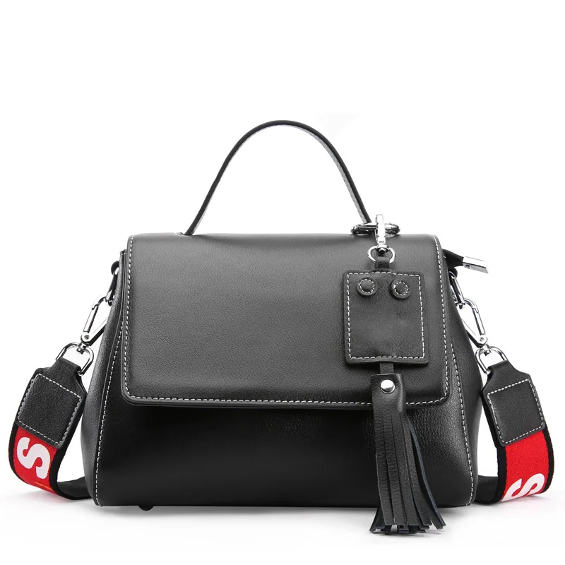 ESUFEIR Брендовая женская сумка из натуральной кожи с широкими лямками, модная сумка через плечо с кисточками, сумки через плечо для женщин - Цвет: Black