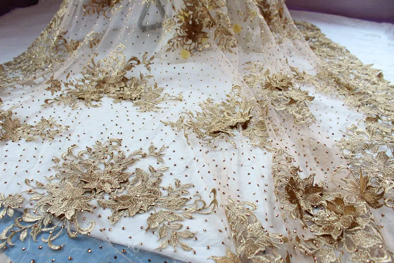 

1 yard gold lace, golden embroidered lace with 3D flower, metiallic gold lace fabric with gold rhinestone beads