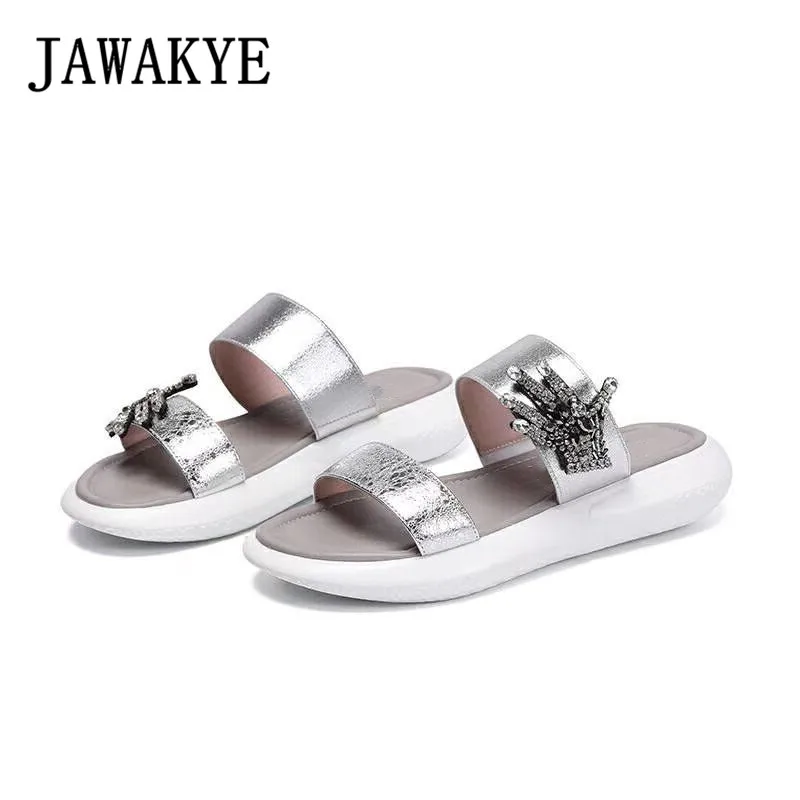 

New Peep toe two belts Crystal finger Flat Slippers Women real leather outdoor Mules Slip on Platform flat beach slippers women