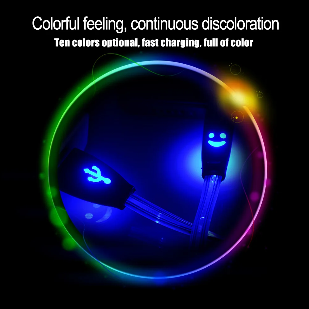 Romichw المصغّر USB كابل الوجه المبتسم مصباح LED متوهج ضوء سريع تهمة كابل يو اس بي ل فون شاحن هاتف محمول يعمل بنظام تشغيل أندرويد USB شحن الكابلات