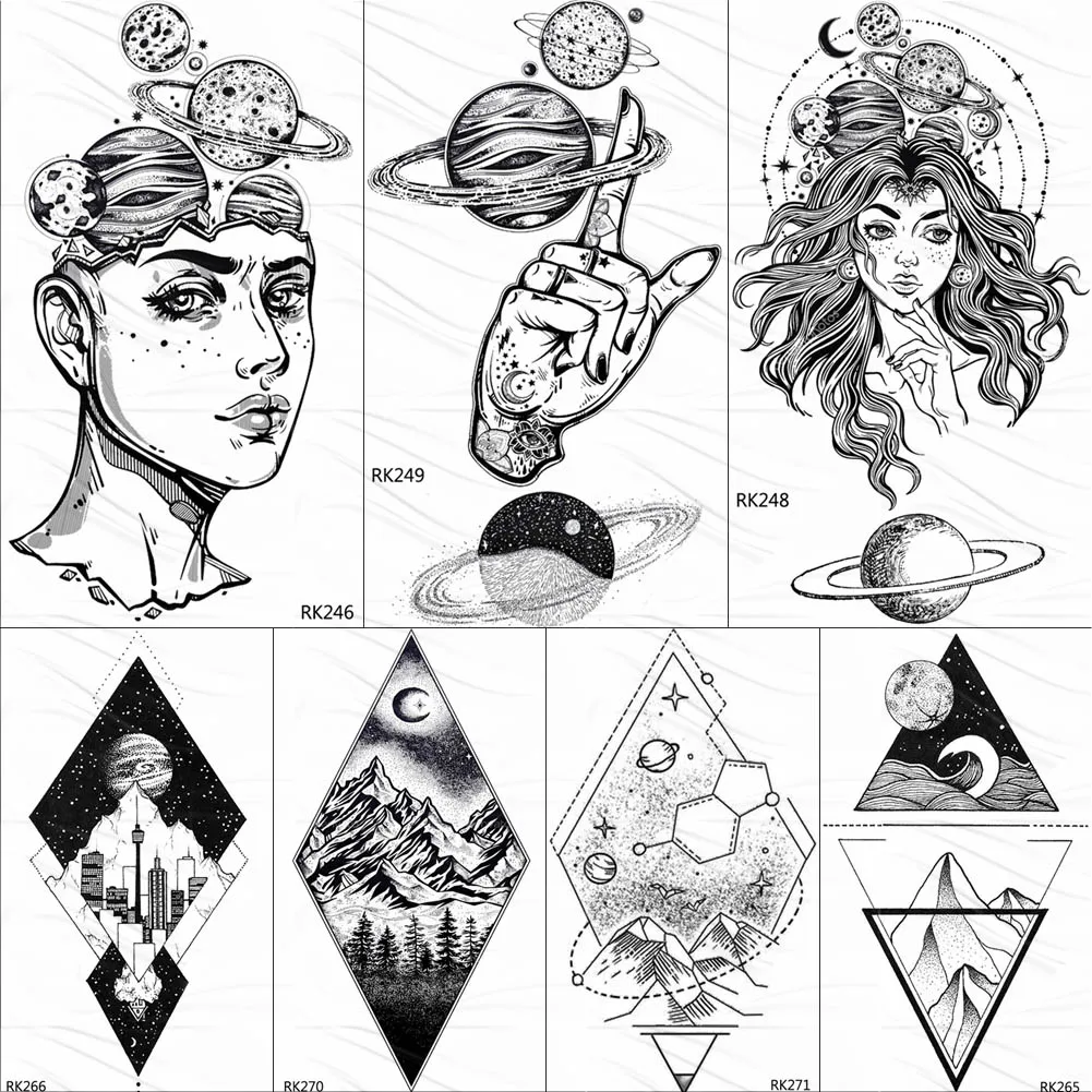 

OMMGO Outspace Women Planet Brain Temporary Tattoo Sticker Waterproof Black Geometric Mountain Tatoos Body Art Fake Tattoo Paper