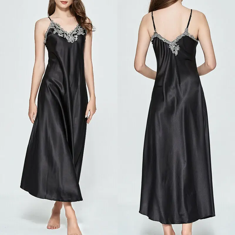 New Women V-neck Satin Silk Lace Lingerie Night Dress Nightgown ...