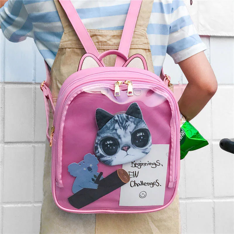 Cute Cat PU Leather Backpack Candy Color Transparent Shoulder Bags School Teenage Girls Travel Backpacks LBY2017