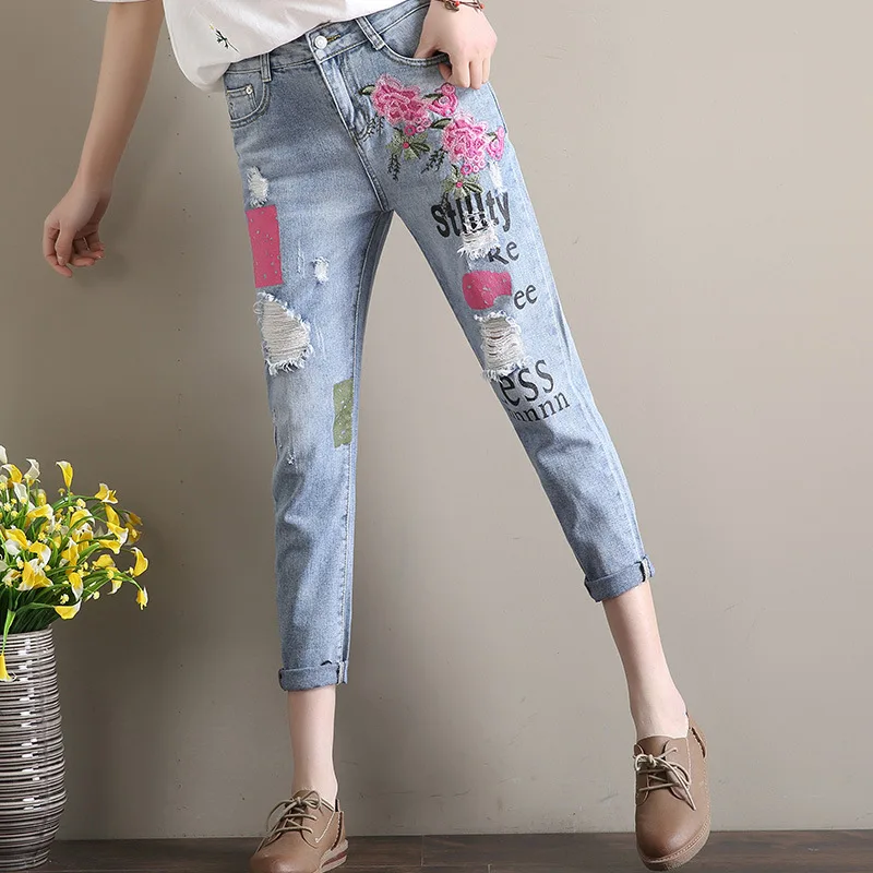 

Spring/summer Jeans With Embroidery Women Jeans Holes Washed Skinny Jeans Women Pants Denim Jeans Plus Size Trouser/Pencil Pants