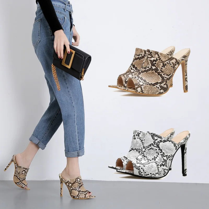 

2019 New Summer Style Women Slippers Snakeskin Thin High Heels 12CM Mules Pointed Toe Sexy Female Slides Female Outdoor Slippers