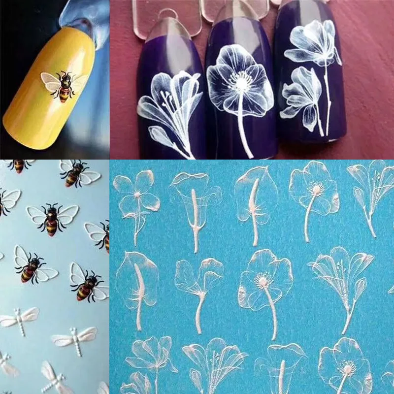 1 лист Выгравированные пчелы 3D акриловые наклейки для ногтей рельефные кружевные цветы Водные Наклейки эмаистичные наклейки для ногтей водная горка