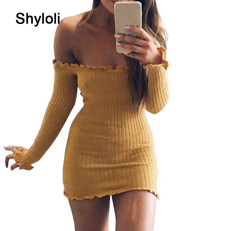 

Shyloli Sexy Off Shoulder Slash neck Knitted Dress Elegant Long Sleeve Tight Slim Dress 2017 Autumn Women Bodycon Party Vestidos