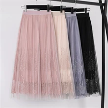Shintimes лето осень модные черные розовые серые сетчатые плиссированные юбки женские с высокой талией трапециевидная юбка с вышивкой Jupe Femme