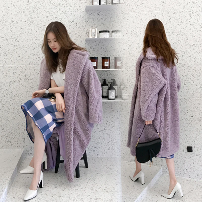 Nagodo Lamb Fur Coat 2018 Winter Thick Warm long Overcoat Causal Loose oversized Faux Fur Coats Women violet wool coat S -XL