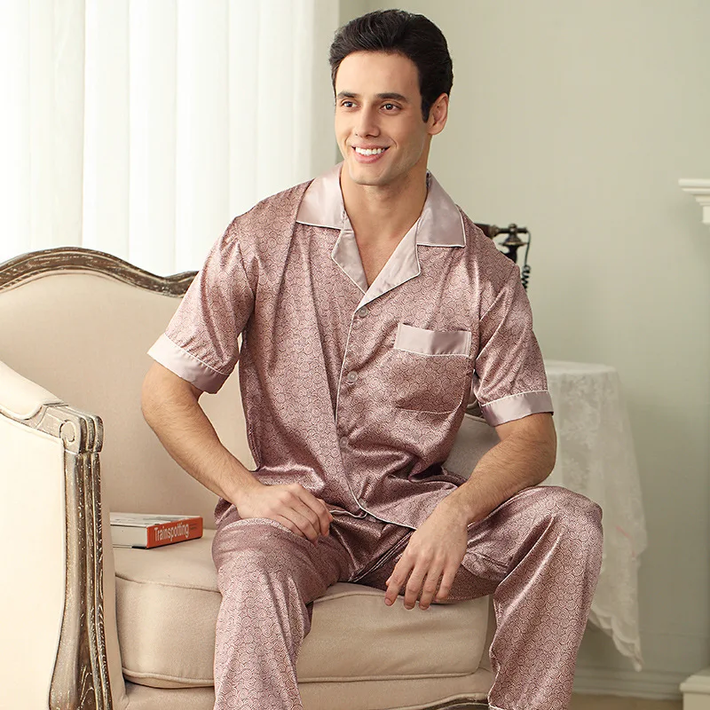 Men's Polyester Printed Satin Pajama Set silk sleepwear pajama men