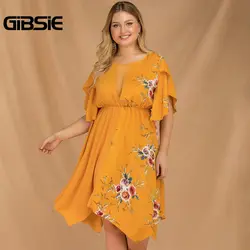 GIBSIE размер плюс, фатин, из кусков, Цветочный принт летние миди-платья Для женщин Boho Повседневное в стиле бабочки и О-образным вырезом с