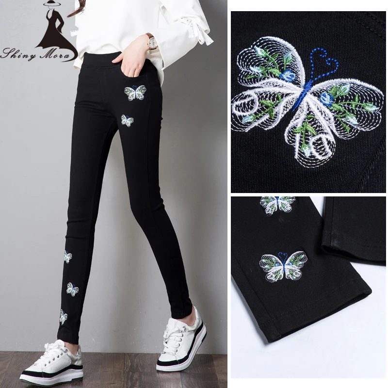 

SHINYMORA 2017 Women Butterfly Embroidery Pencil Pants Autumn Mid Waist High Elasticity Black Slim Strousers Female Long Pants