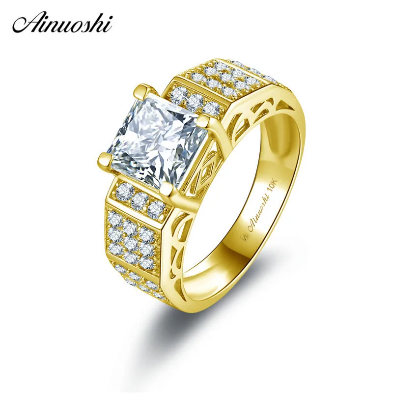 

AINUOSHI 10k Solid Yellow Gold Square Ring 1.6 ct Princess Cut Lady Wedding Engagement Bague bijoux Luxurious Bridal Band Anillo