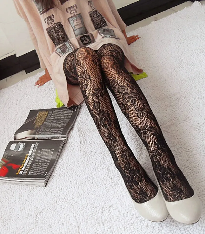 Женские пикантные сетчатые чулки с розовым рисунком|nylon pantyhose|pattern pantyhosefloral tights |