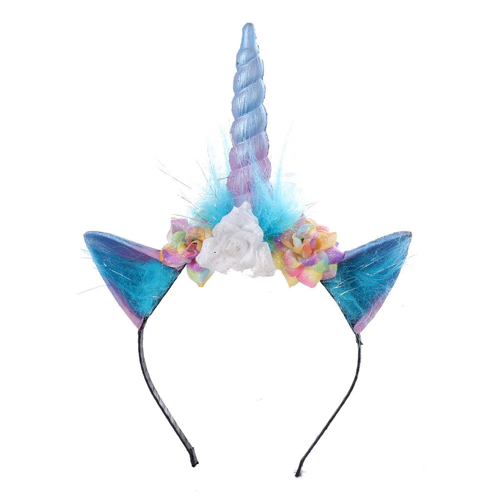 

1PC Party Unicorn Hairband Tiara DIY Flower Unicorn Horn Ears Hair Accessories Bands Xmas Birthday Glitter Headband For Kids