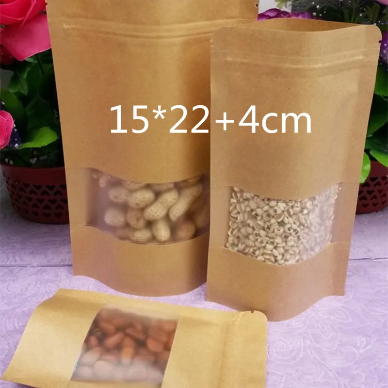 100 Pieces 15*22+4cm Resealable Brown Kraft Paper Bags for Tea Gift
