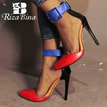 

RizaBina Ankle Buckle Sandals Women Pointed Toe Thin High Heels Shoes Sexy Mixed Color Party Club Women Footwear Size 35-47